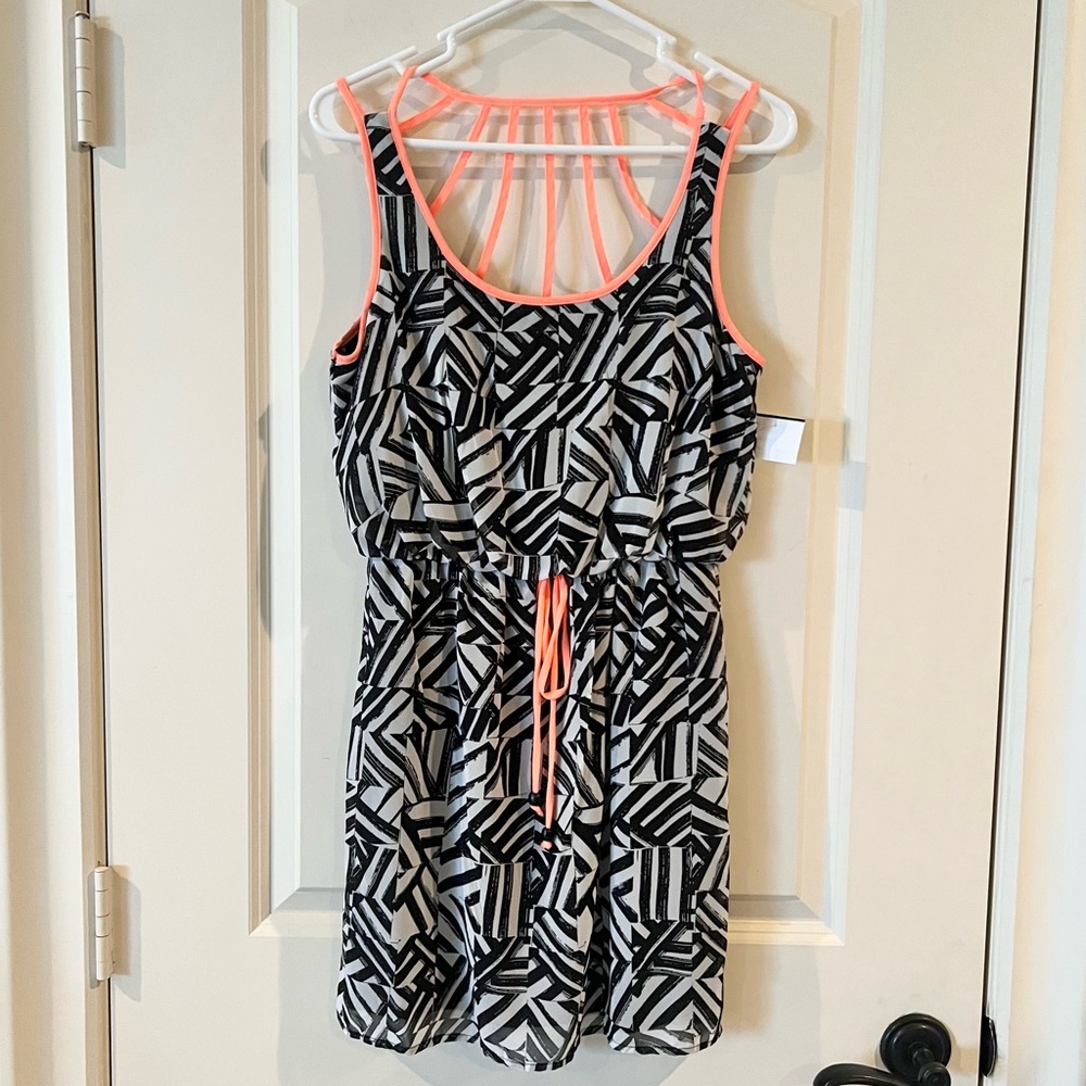 Black & White Geometric Print Mini Dress S Neon Pink Strappy Back Y2K